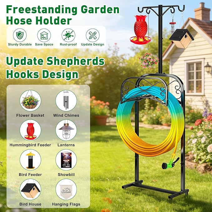 Gtongoko Garden Hose Holder for Outside 70 In With 4 Prongs Base & 2 Shepherds Hook Detachable Metal Water Hose Holder Freestanding Heavy Duty Organizer Holds 150FT Stand Hanger for Outdoor Black