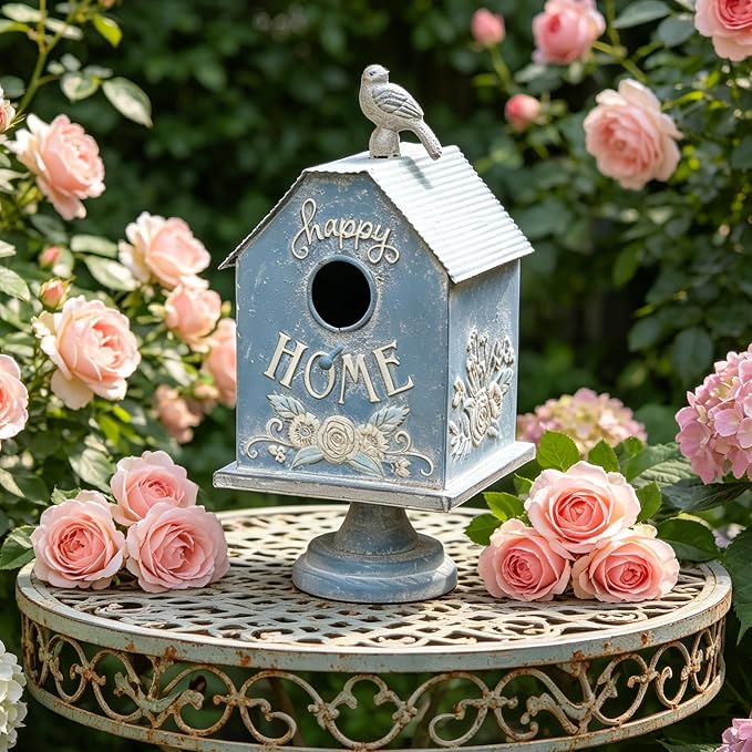 Rustic Blue Metal Bird House, Decorative Bird House with Happy Home Accents & Bird Topper, Standing Design Bird Home - Ideal Outdoor Garden Decor