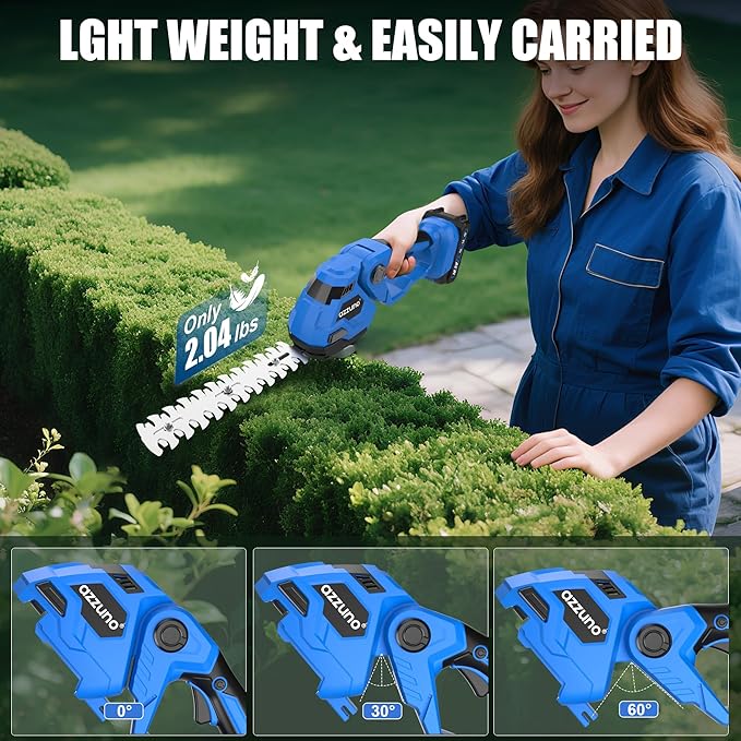 AZZUNO Cordless Hedge Trimmer, 21V Electric Grass Shears Shrubbery Trimmer with 1×2Ah Battery，2-in-1 Handheld Grass Cutter Shrub Trimmer for Gardens, Yards, Lawns, Including Charger