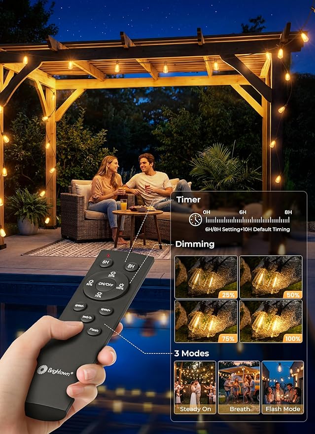 Brightown 108FT Solar String Lights Outdoor Waterproof, Patio Lights with Remote and 50+2 LED Shatterproof Bulbs, Dimmable & Timable, 3 Light Modes, Solar Lights Outdoor for Yard Garden Camping Party