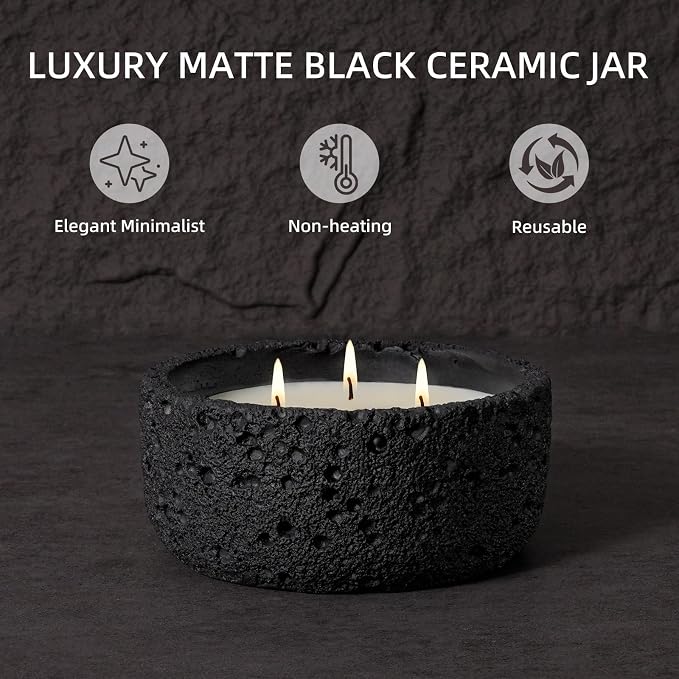 Viyffo 20oz Large Scented Candle - Sage & Eucalyptus, 3 Wick Home Scented Candle, Non Toxic Soy, Black Textured Ceramic Jar, Luxury Fragrance, Modern Home Décor & Summer Gift for Men and Women