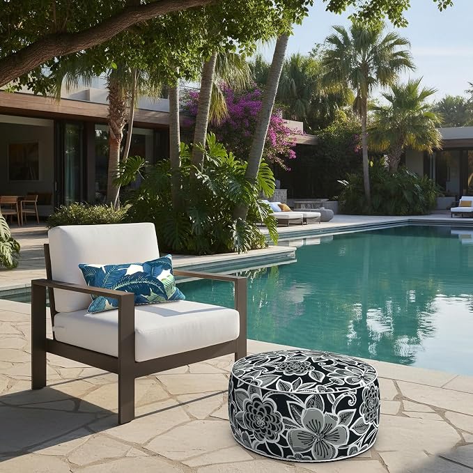LVTXIII Indoor/Outdoor Inflatable Ottoman with Handle D21 x H9 Inch, Weather-Resistant Round Footstool Pouf for Patio Camping Living Room, Portable Footrest Extra Seating, Flower Black