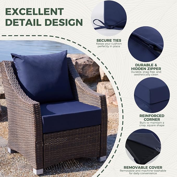 Outdoor Cushions for Patio Furniture, Outdoor Seat Cushion Set 24 x 24 x 5.75 in, Waterproof & Fade Resistant Outdoor Chair Cushions, Patio Cushion with Removable Cover, Set of 6, Navy Blue