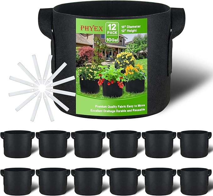 12-Pack 10 Gallon Grow Bags, Heavy Duty Fabric Pots with Handles, Reusable Plant Bags for Vegetable, Herbs & Flowers, BPA-Free, Breathable, Durable
