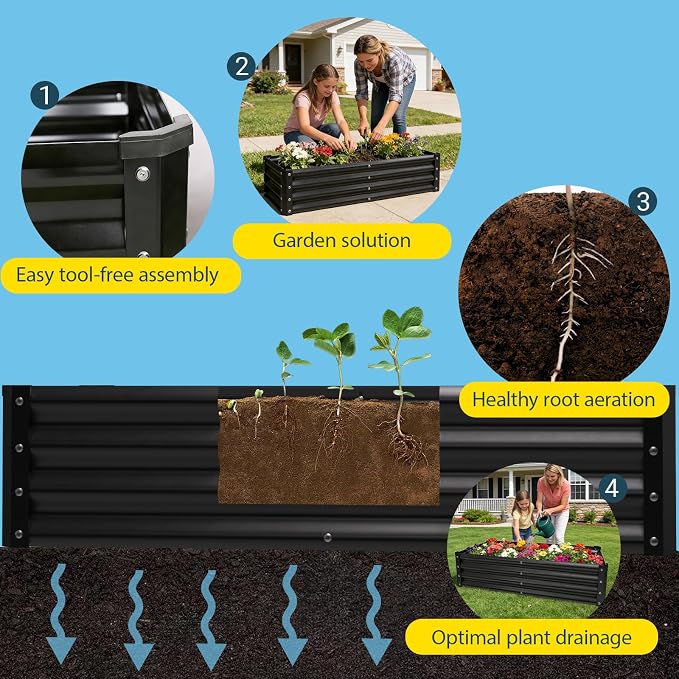Raised Garden Bed 2 Pack 8x4x1FT, Premium Galvanized Raised Garden Bed, Large Raised Garden Beds Outdoor for Deep-Rooted Vegetables, Flowers, Green and Herbs, Black