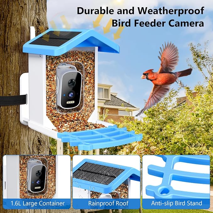 Smart Bird Feeder with Camera, AI Bird Species Identification Solar Powered Panel, 2.5k HD Video Bird House with Camera for Outside Garden, Ideal Gifts for Lover, Father's Day, Blue