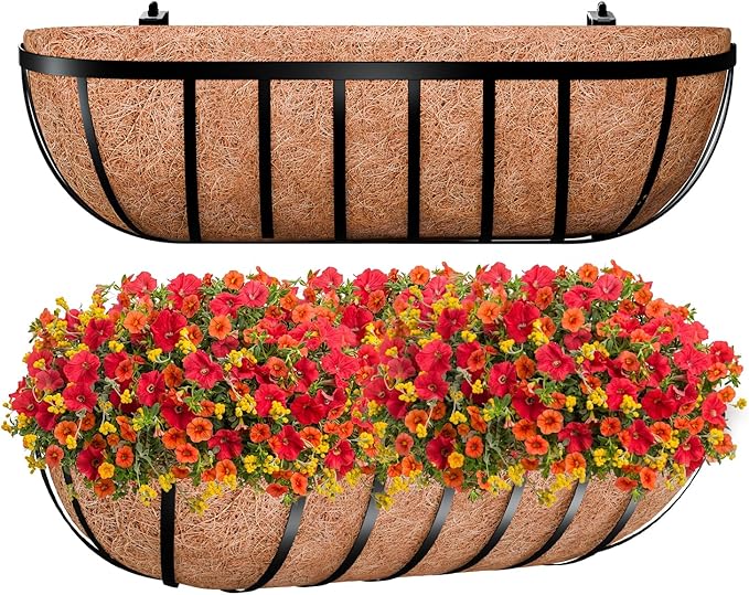ZeeDix 24 Inch Railing Planter Box, 2 Pack Metal Window Boxes with Coco Liners for Railing, Hanging Flower Boxes for Deck Porch Balcony & Fence Outdoor Indoor Lawn
