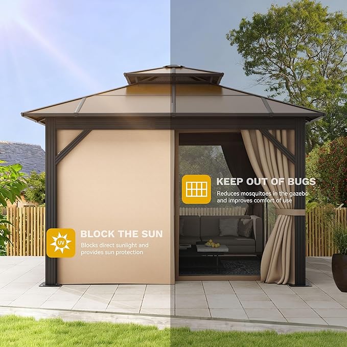 DWVO 10x10ft Gazebo Hardtop Double Roof Polycarbonate Canopy Outdoor with Netting and Shaded Curtains, Metal Frame Garden Tent for Patio, Backyard, Deck and Lawns, Brown