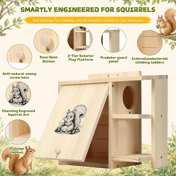 Large Widened Squirrel House for Outside, Waterproof Squirrel Nesting Box | External Platform & Porch, Anti-Predator Squirrel Box for Backyard, Solid Pine Wood, Easy to Assemble, DIY, 16×14.5×8 Inch