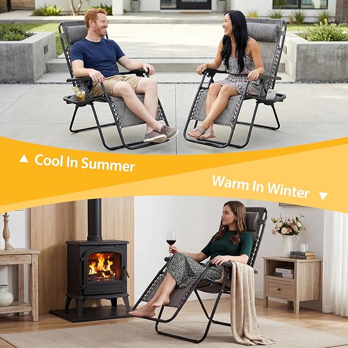 NEWBULIG Zero Gravity Chair Set of 4, Lounge Chair Folding Portable Adjustable Camping Reclining Chairs with Adjustable Pollow, Mesh Back, Cup Holder Trays Lawn Patio Chair for Pool Beach - Ash