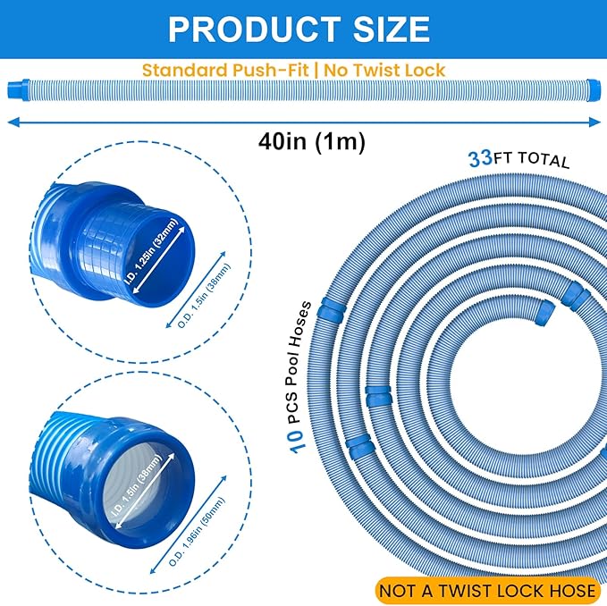 Poolvio Pool Vacuum Hose 33 Feet (10 x 40 Inch), 1.5 Inch Cuffs, Compatible with Most Inground Pool Automatic Cleaners, Blue