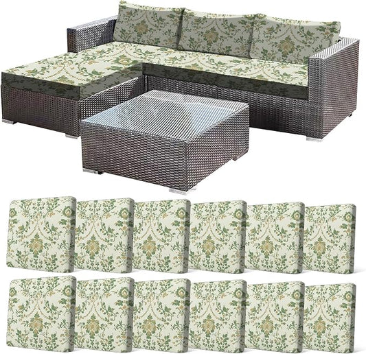 CALBODE 12 Pcs Stretch Outdoor Seat Cushion Covers, Washable Chair Seat Cover for Patio Furniture Cushions Soft Indoor and Outdoor Couch Cover Replacement (Green Vines, Cover Only)