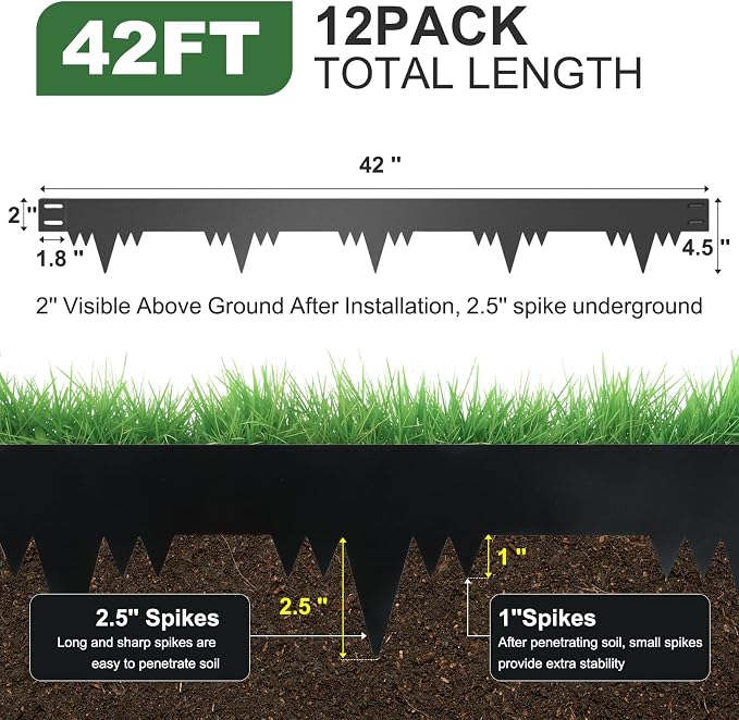 Metal Landscape Edging Border 12 Packs 42'' L x 4.5'' H, Galvanized Steel Garden Edging Border with 12 Stakes, Hammer-in Lawn Edging for Landscaping, Flower Bed, Yard, Pathway, Tree Ring (42ft Total)