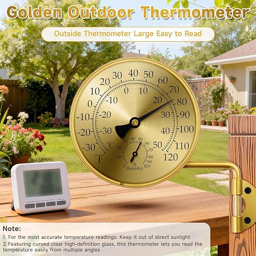 4 Inch Analog Outdoor Thermometer Hygrometer, Brass Mechanical Weather Station with Rotatable Wall Mount, Waterproof Large Dial Easy-Read Numbers for Patio Garden Greenhouse Home Outside