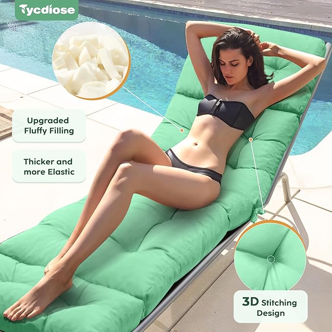 Outdoor Chaise Lounge Chair Cushion Waterproof 74.4 x 22 x 4.7 Inches Memory Foam Lounge Chair Cushions Replacement for Outdoor Furniture with Ties, Thickened Pool Lounge Chair Cushion, Cyan