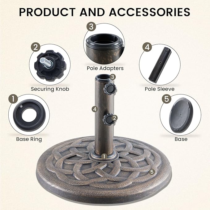 DUMOS Patio Umbrella Base, 22 LBS Heavy Duty Umbrella Stand with 2 Knobs + 2 Adapters, Weather-Resistant Coating Outdoor Table Resin Umbrella Holder for Beach, Pool, Deck, Backyard (Bronze)