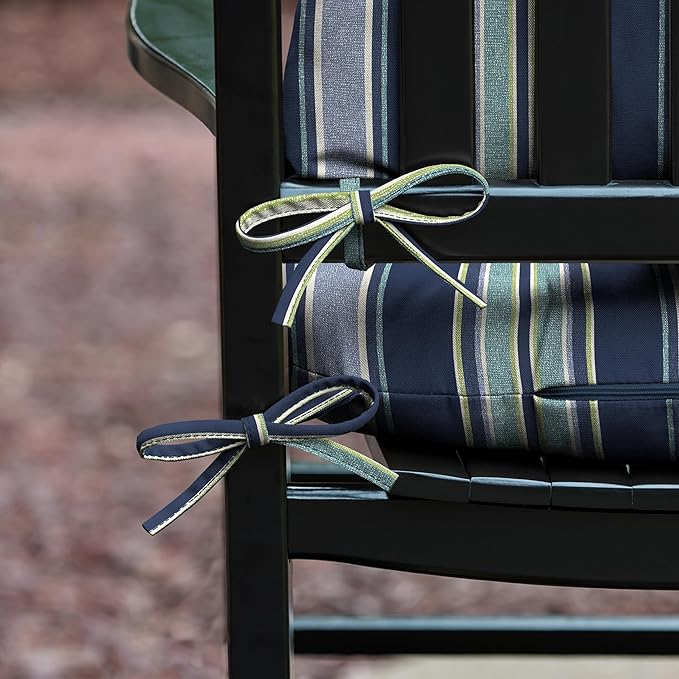 Arden Plush Indoor/Outdoor Rocking Chair Cushion Set, 18 x 20, Water Repellent, Fade Resistant, Tufted Cushion for Rocking Chairs Sapphire Aurora Blue Stripe