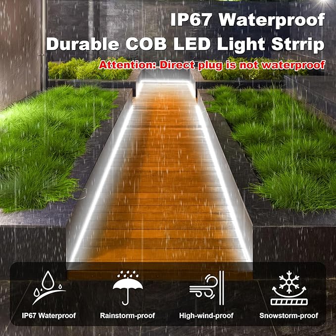 Gliztech IP67 Waterproof COB LED Strip Lights AC 110V-120V Direct Plug, 66FT Super Bright Outdoor Strip Lights with Double Fuse Controller, 6500K White LED Strips for Garden Patio Commercial Decor