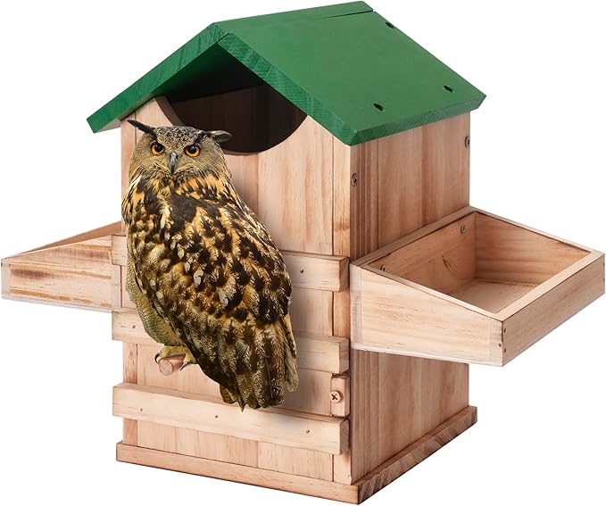 Screech Owl House with Feeder, Owl Box with Bird Stand Design, Nesting Box Wood with Mounting Screws, Cozy House for Lovely Birds, Easy Assembly Required