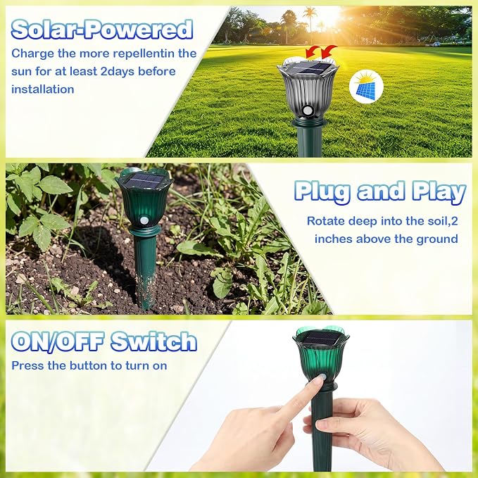 4 Pack Solar Ultrasonic Animal Repellent with RGB Color-Changing Lights, Pest 360° Sonic Deterrent for Outdoor Lawn & Garden, Solar Powered Mole, Snake & Gopher Repellent Stakes (Petal Style)