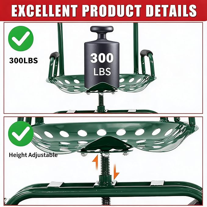 Rolling Garden Work Seat with Wheels, 300lbs Heavy Duty Garden Cart, 360° Swivel Adjustable Height Rolling Stool, Extendable Handle, Storage Basket & Tray for Gardening, Lawn Care, Adults & Seniors
