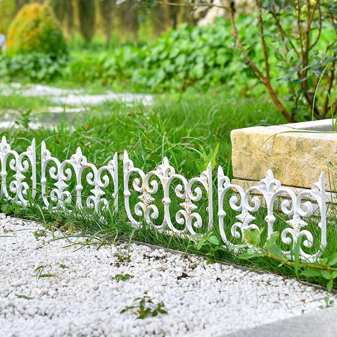 Sungmor Decorative Cast Iron Garden Edging, 4 Pack Rustic White Victorian Garden Edging Landscape Border, Vintage Metal Yard Stake Low Picket Fence, 10.6" Tall Outdoor Flower Bed Lawn Fence Panels