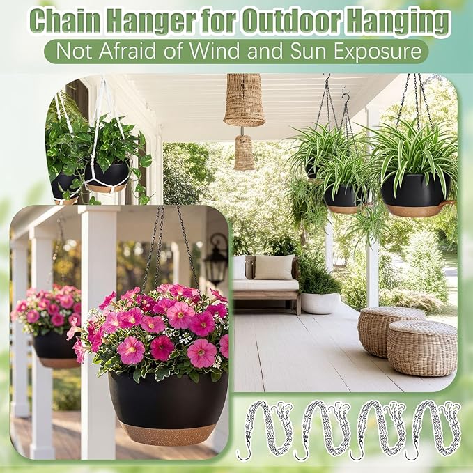 Sliner Set of 4-12 Inch Self Watering Hanging Planters Includes Hanging Pots and Outdoor Hanger Plant Pots with Drainage Holes 2 Types of Hanger Basket Hooks for Patio Garden(Black Brown)