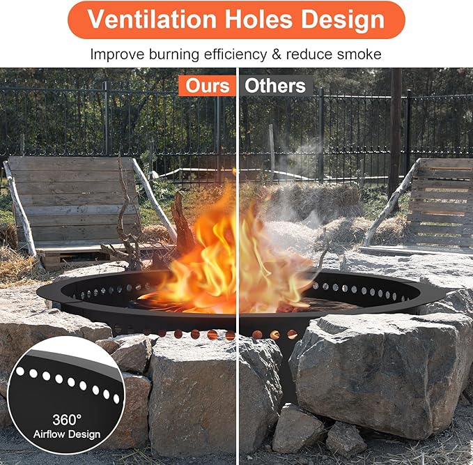 Smokeless Fire Pit Ring, 40 inch Outer/36 inch Inner Heavy Duty Large Solid Steel Firepit Liner for Outside Wood Burning, DIY Campfire Ring Above or In-Ground for Outdoor