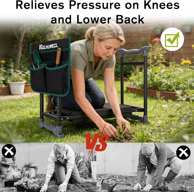 Garden Kneeler and Seat with Umbrella, 2-in-1 Foldable Gardening Stool with Adjustable Bracket, Detachable Tool Bags, Heavy Duty Kneeling Pad for Gardening (Beige Green)