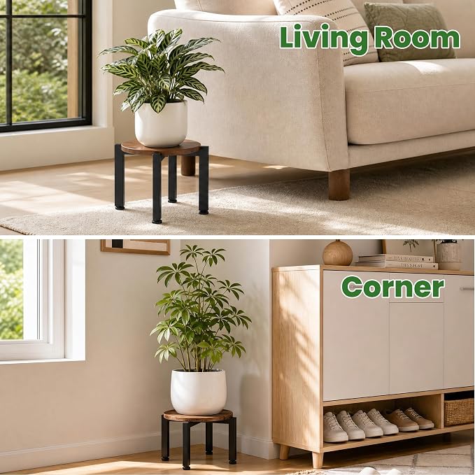 TOSKING Heavy Duty Metal Plant Stand Indoor – Adjustable Leveling Pads, Vintage Brown Wood Tray, Iron Cross Base, Corner-Friendly, Plant Flower Display Shelf, Low Stool for 8-12" Pots, Easy Assembly, Black & Brown (9.8"Dia x 7.7"H)