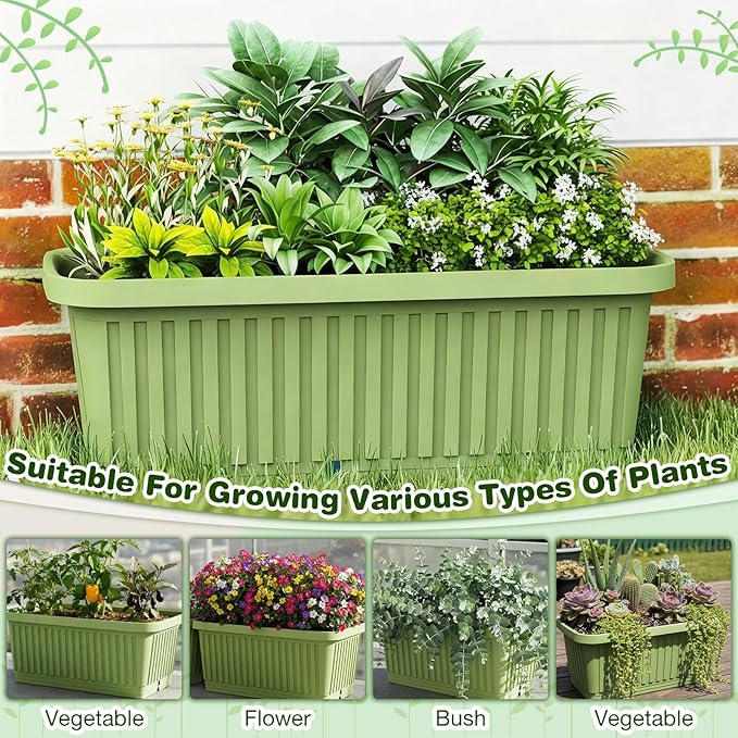3 Pcs Large Planter Boxes Deep Rectangular Planter Boxes Outdoor Lightweight Plastic Planting Flower Pot with Drainage Holes Plant Pot for Patio, Courtyard, Lawn, Outdoor(Green,28 Inches)