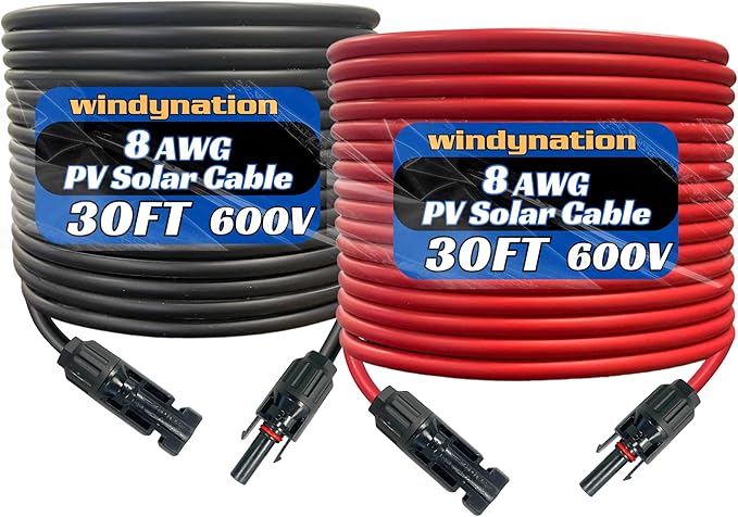 WindyNation 8 AWG 8 Gauge Pair 30 Feet Black + 30 Feet Red PV Photovoltaic Solar Panel Extension Cable Wire Solar Connectors (Variety of Lengths Available)