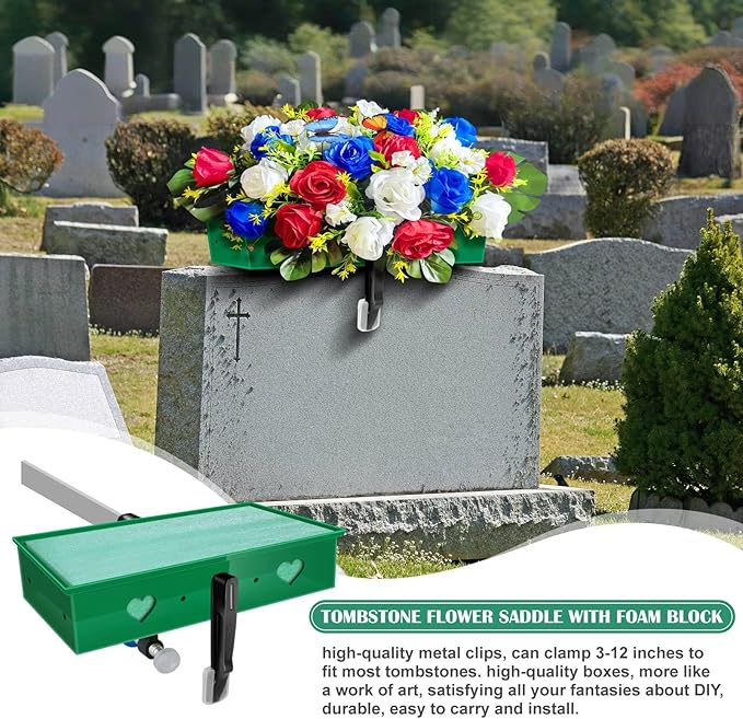 2 Pack Headstone Flower Saddle, Adjustable Cemetery Floral Holder for 3"-8" Graves, Wind-Resistant&Non-Slip Grip Tombstone Saddle, DIY Memorial Decorations for Memorial Day Mother's Day & Father's Day