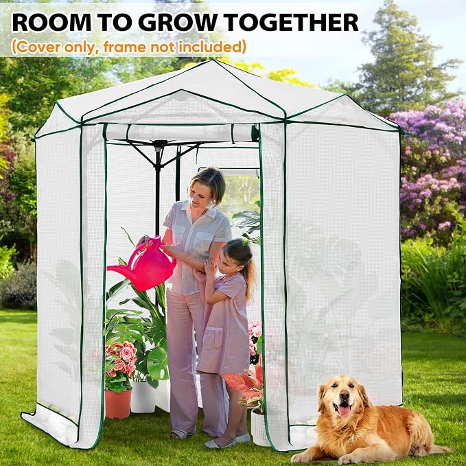 EAGLE PEAK Replacement Cover for 6.6x6.6 ft Hexagon Pop up Greenhouse, Front and Rear Roll-Up Zipper Entry Doors and 2 Roll-Up Side Windows (Frame Not Included), White