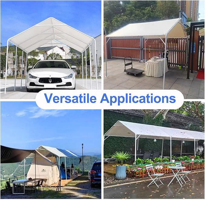 10 x 20 Ft Heavy Duty Carport Replacement Canopy Waterproof UV Protected Garage Top Shelter Tarp Tent Cover with 44 Ball Bungees Cords, Only Top Cover, White