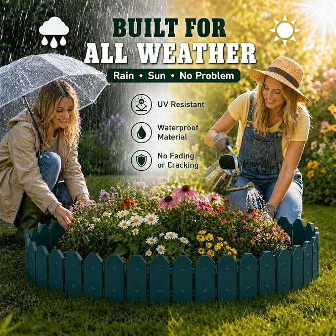 Evelyne Garden Border Edging: Wooden Grain Fence Dog Ear Design - Landscaping Fence Liner Lawn Edge Barrier - Decorative Lawn Landscape Panels Elements -Landscaping Edging (Green, 10ft.)