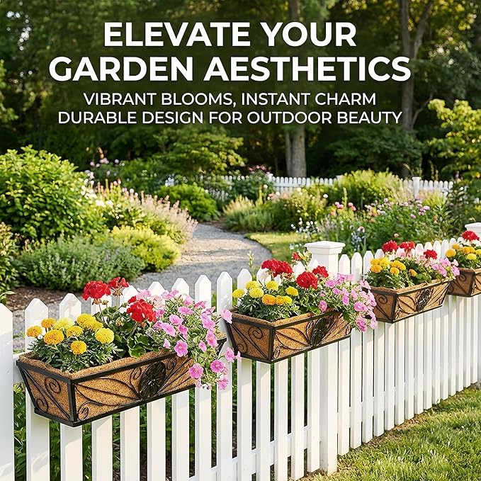 4 Pack 24 Inch Railing Planter Boxes with Coco Liner, Floral Scroll Metal Window Box Planters for Outdoor Plants, Black Hanging Window Baskets for Garden, Patio, Balcony Railing Decor
