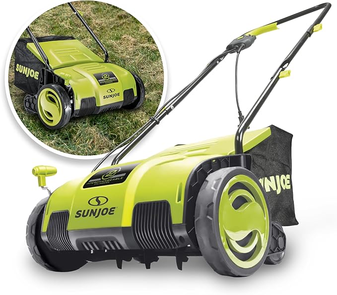 Sun Joe AJ798E 12-Amp 13-Inch Electric Dethatcher and Scarifier w/Removeable 8-Gallon Collection Bag, 4-Position Height Adjustment, Airboost Technology Increases Lawn Health