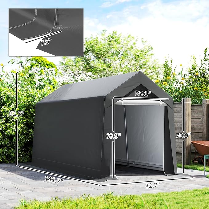 Outsunny 7' x 12' Portable Storage Shed Shelter, Heavy Duty Outdoor Shed, Waterproof Garden Storage Tent with Ventilation Window and Roll-up Zipper Door for Bike, Motorcycle, Garden Tools, Gray