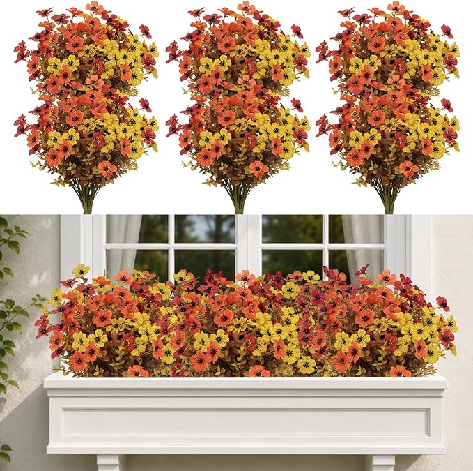 36 Bundles Artificial Fall Flowers for Outdoors, UV Resistant Fake Plants | Faux Silk Daisy Mums with Eucalyptus Stems for Outside Planters, Porch, Patio, Window Box, Garden and Farmhouse Decor