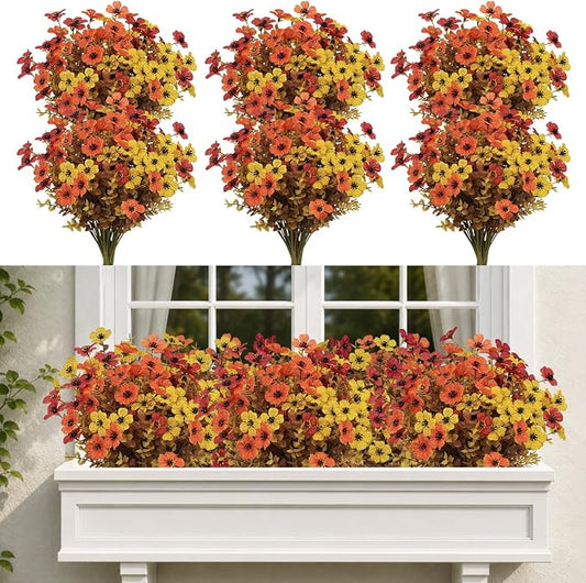 36 Bundles Artificial Fall Flowers for Outdoors, UV Resistant Fake Plants | Faux Silk Daisy Mums with Eucalyptus Stems for Outside Planters, Porch, Patio, Window Box, Garden and Farmhouse Decor
