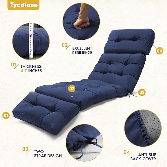 Waterproof Outdoor Chaise Lounge Chair Cushion 74.4 x 22 x 4.7 Inches Memory Foam Lounge Chair Cushions Replacement for Outdoor Furniture with Ties, Thickened Pool Lounge Chair Cushions, Blue