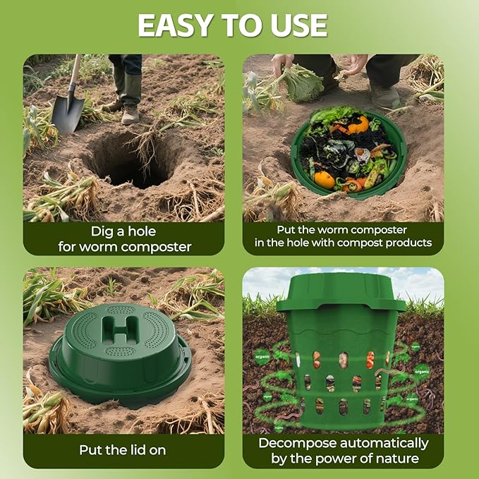 2-Pack Inground Worm Composter, 8L Outdoor Worm Farm, Worm Compost Bin for Garden Beds & Home Use, Vermicomposting Bin for Recycling Food Waste (9.5x9.5x10.8Inch), Green