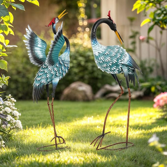 Extra-Large Crane Statue, 36.8" Handcrafted Metal Blue Heron Decor Sculptures with Stable U-Ground Stakes, Backyard Decoration, Metal Garden Bird Animal Yard Art, Lawn Ornament Decor