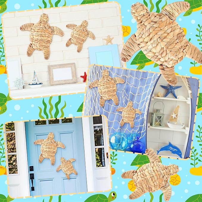 Threehoney 2 Pcs Sea Turtle Beach Theme Decor 2 Size Handmade Wicker Turtle Wall Decor Sea Life Hanging Wall Art Coastal Nautical Sculpture Table Decoration for Boho Bathroom Indoor Outdoor Ornament