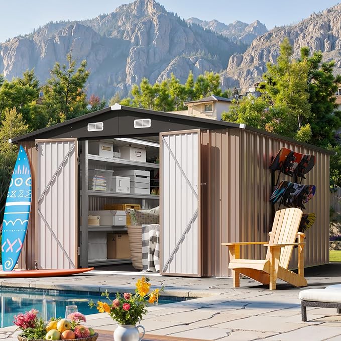 10x12FT Outdoor Storage Shed, Metal Garden Tool Shed with Sloping Roof & Lockable Door for Patio Lawn Backyard (Brown, 10x12FT)