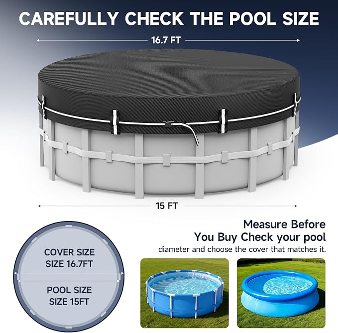 LXKCKJ 15 FT Round Pool Cover for Above Ground Pools, 420D Oxford | Waterproof 10000PA, 100MPH Windproof with 2 buckles and Ground nail set, 634N Tear-Resistant, UPF50+, 95% Evaporation Control