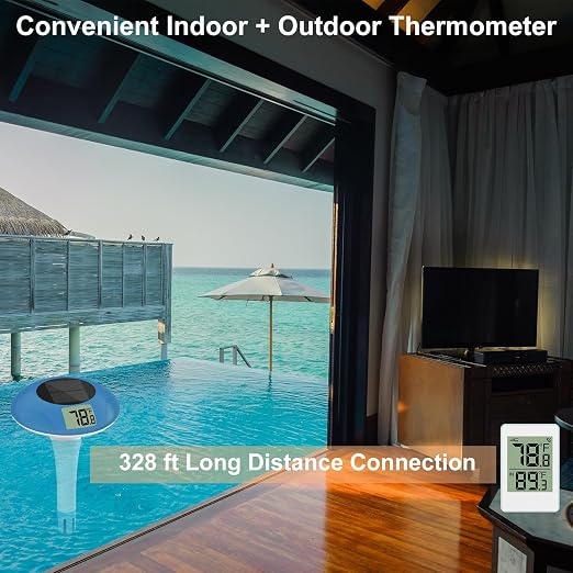 Wireless Pool Thermometer, Digital Floating Thermometer Easy Read IPX8 Waterproof Solar Temperature Gauge for Swimming Pool, Aquarium, Pond, 328 Feet Long Connection