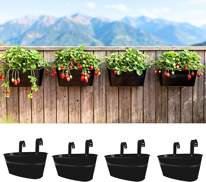 LaLaGreen Wall Planter (11.8 Inch, 4 Pack) Black Oval Metal Wall Hanging Decor Flower Plant Holder Indoor Planters Mounted Balcony Pots Railing Fence Window Deck Decoration Porch Plants Pot Baskets