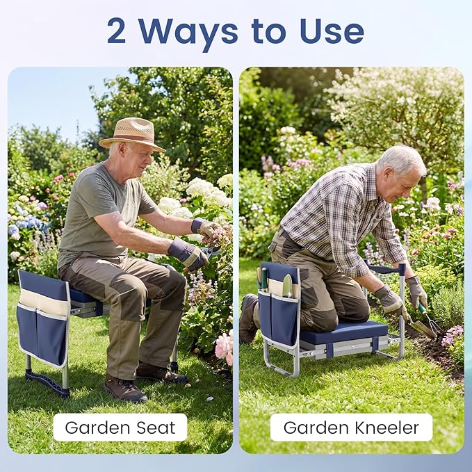 2-in-1 Garden Kneeler and Seat, Folding Garden Seat w/EVA Foam Kneeling Pad & Removable Tools Pouch, Sturdy Steel Frame, No Assembly, Portable Heavy Duty Garden Stool w/Detachable Armrests